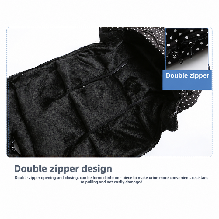 Black stroller footmuff opened to show its soft lining and double zipper design