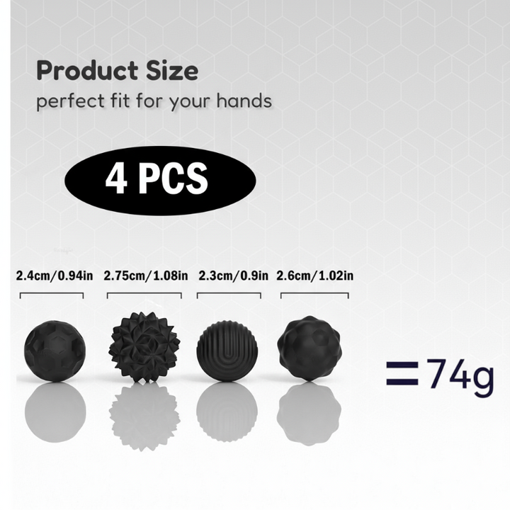 Four black textured magnetic silicone balls with diameter measurements and a 74 g set weight
