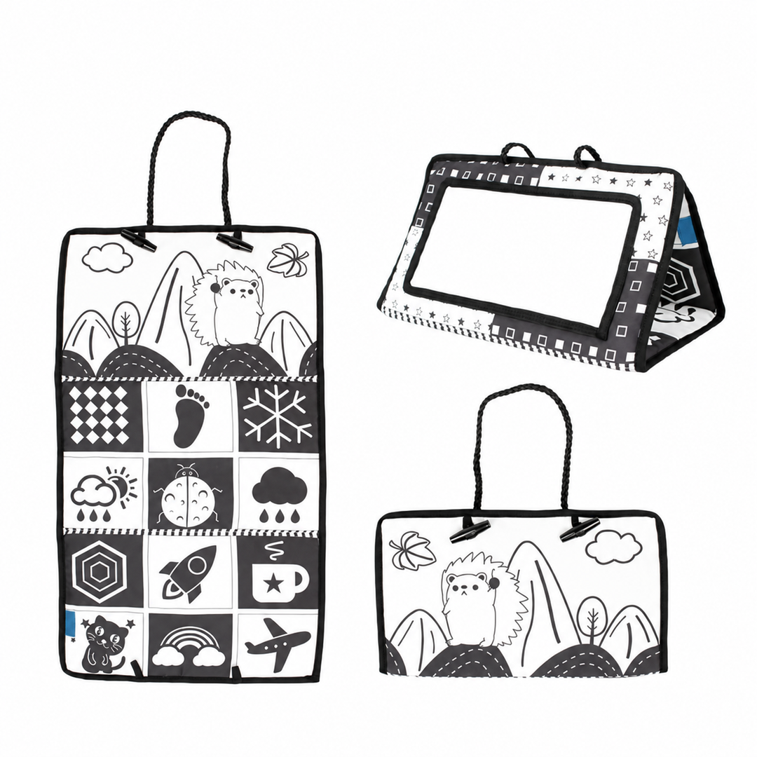 Black-framed sensory mirror with monochrome nature illustrations