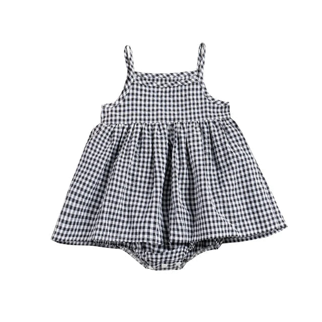 Black and white gingham baby dress romper with a gathered skirt