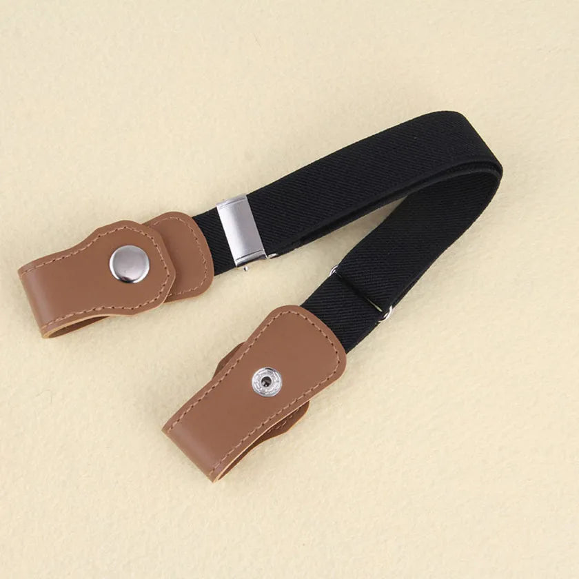 Black stretch belt showing the adjustable strap and brown snap-fastening ends