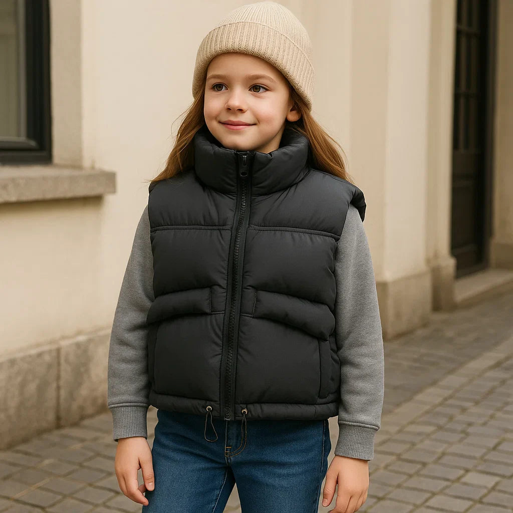Child wearing a black kids' puffer vest over a gray top outdoors