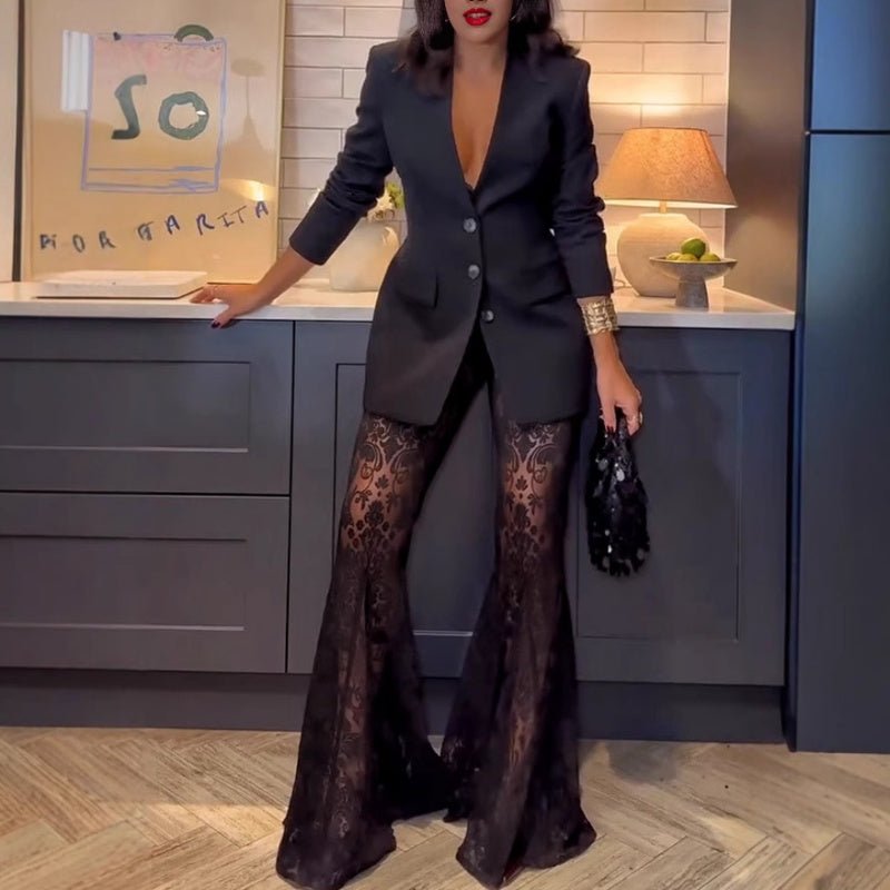 Black Lace Flare Pants Blazer Set Product Image 01