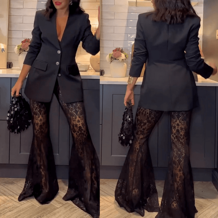Black Lace Flare Pants Blazer Set Product Image 02