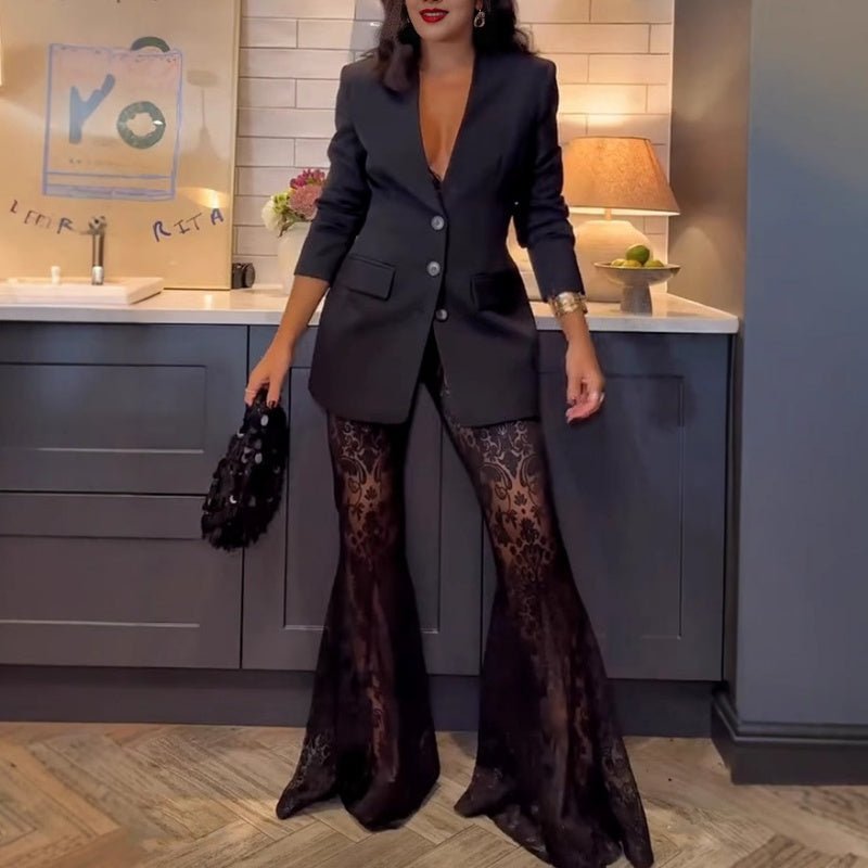 Black Lace Flare Pants Blazer Set Product Image 04