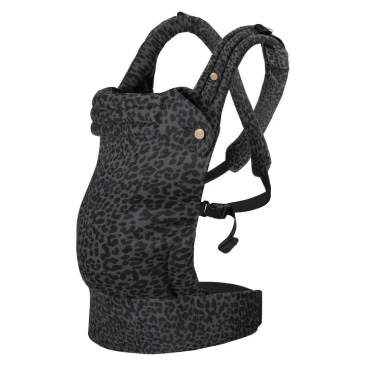 Black leopard-print baby carrier with padded straps and gold-tone front buttons