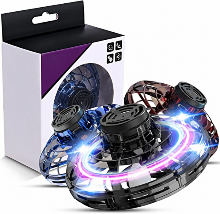 Black UFO drone with illuminated lights, blue and red versions, and retail packaging