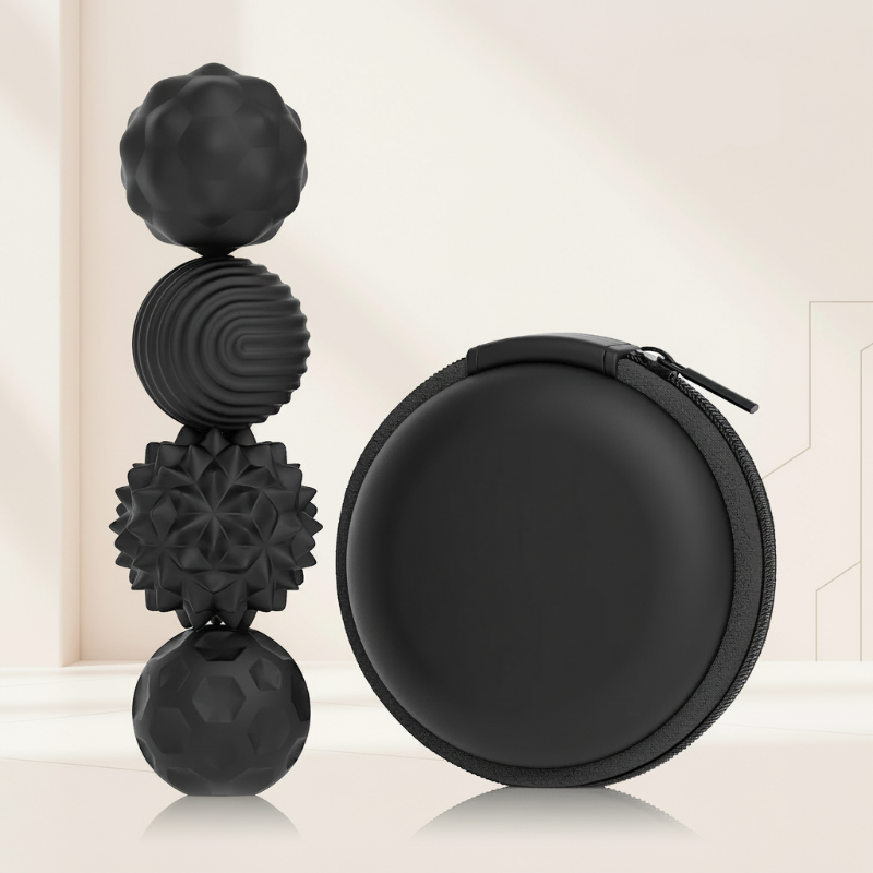 Four medium black textured magnetic beads beside a round black zippered case