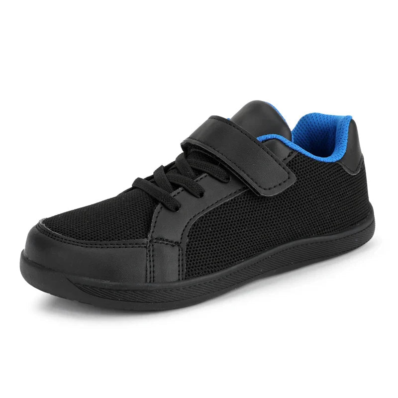 Black kids' mesh sneaker with blue lining, black laces and a hook-and-loop strap