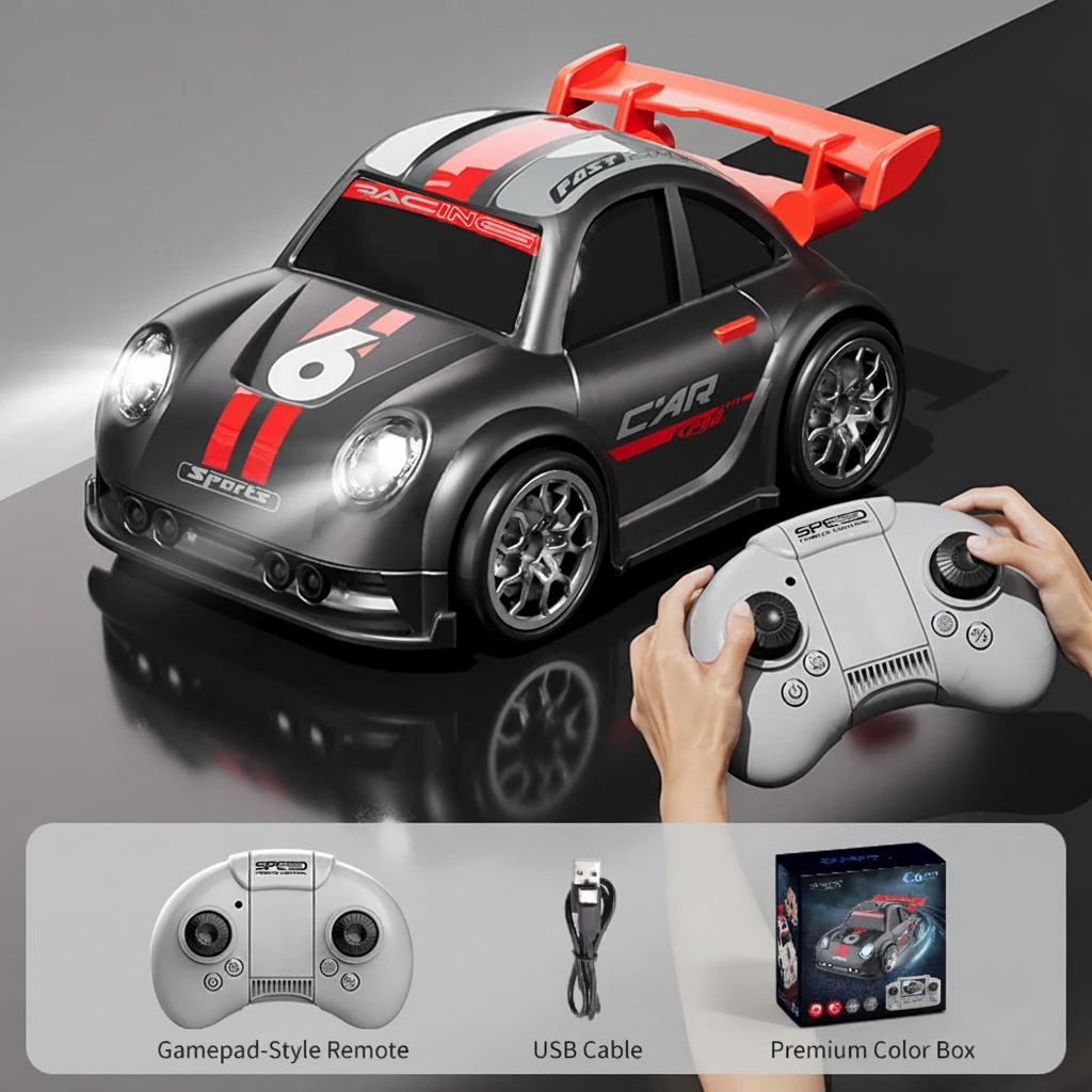 Black RC car without camera shown with a gamepad-style remote, USB cable, and box