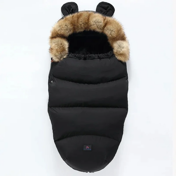 Black quilted stroller footmuff with a faux fur collar and small matching ears