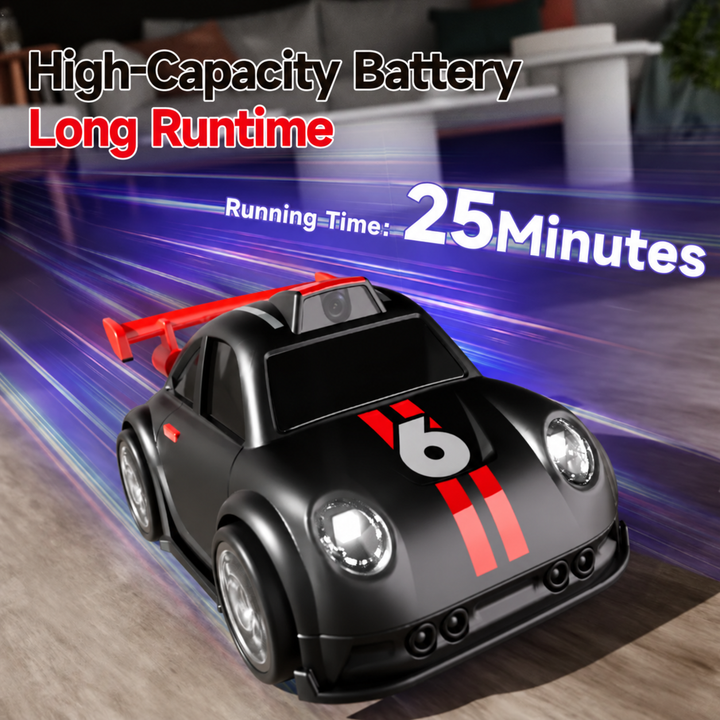 Black RC drift car with red racing stripes and a rear spoiler in a battery feature graphic