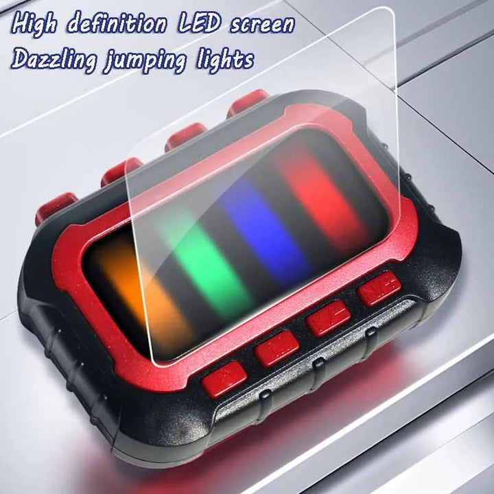 Black and red fidget game with a close-up of its colorful LED display.