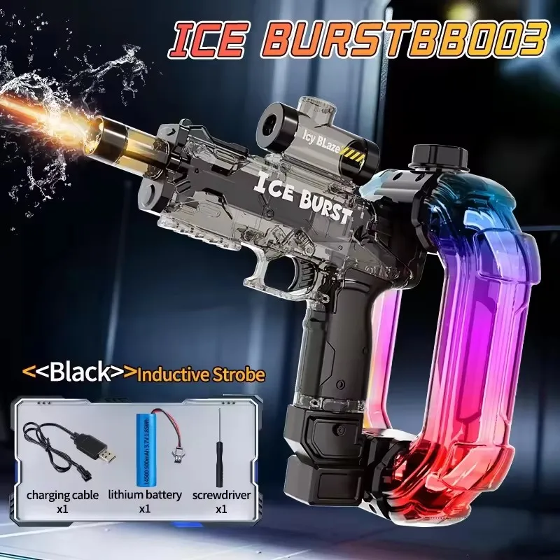 Black automatic water gun with a transparent body, USB cable, battery, and mini screwdriver.