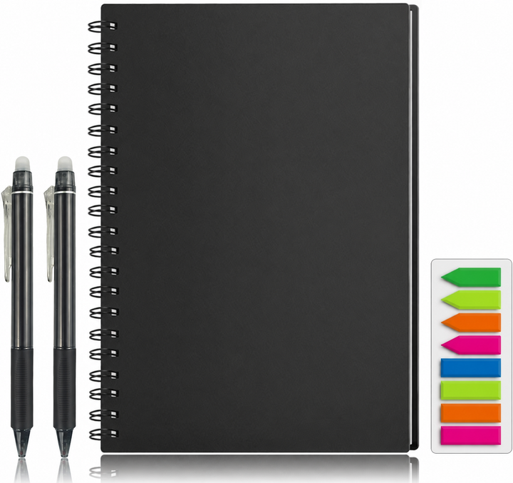 Black spiral-bound reusable notebook shown beside two pens and colorful page flags