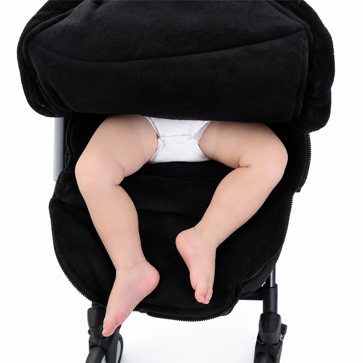 Black stroller footmuff opened at the bottom with a baby&