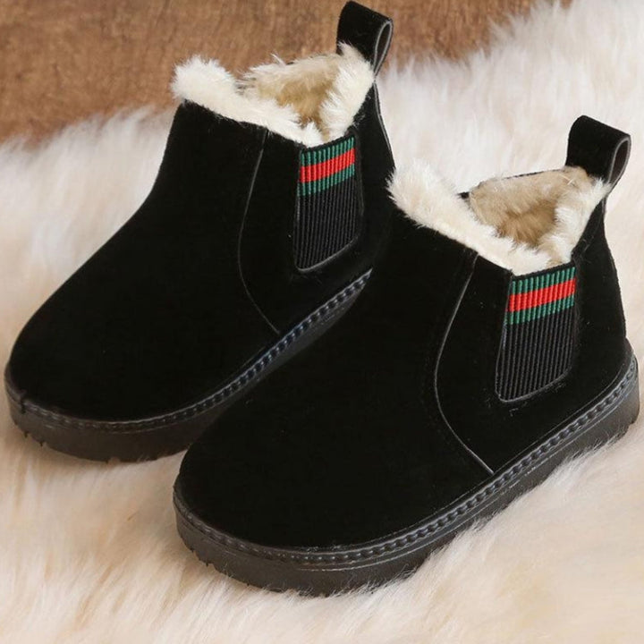 Black suede winter boot pair with cream plush collars and striped elastic side panels.
