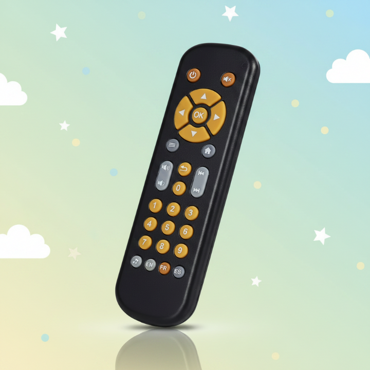 Black toy remote with colorful buttons against a pastel background with stars and clouds