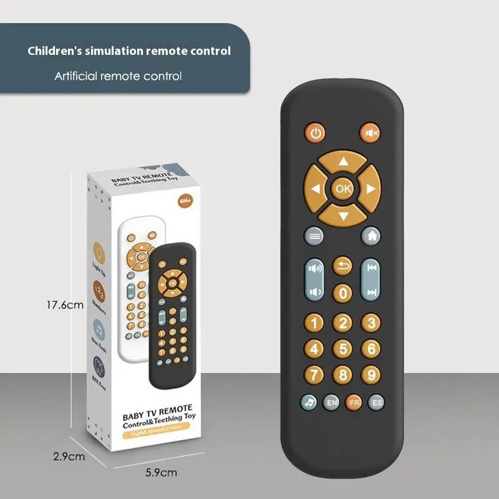 Black toy remote beside its retail box with package measurements