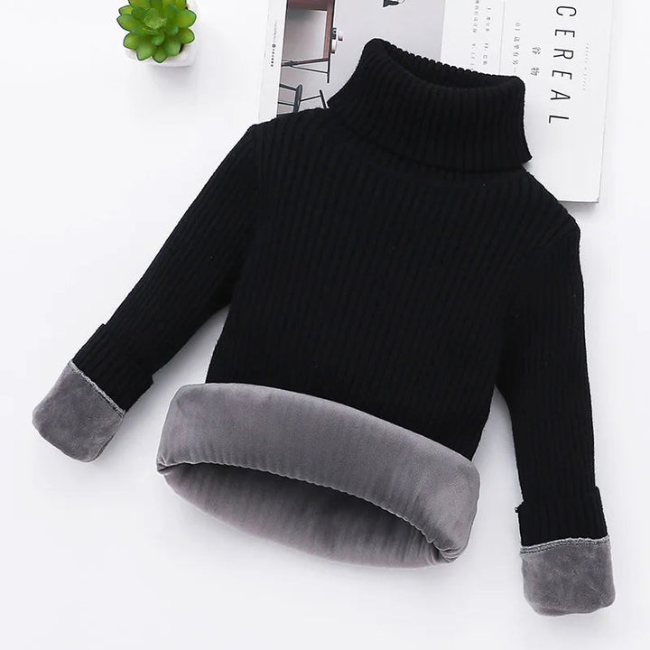 Black ribbed turtleneck sweater with gray plush lining at the hem and cuffs