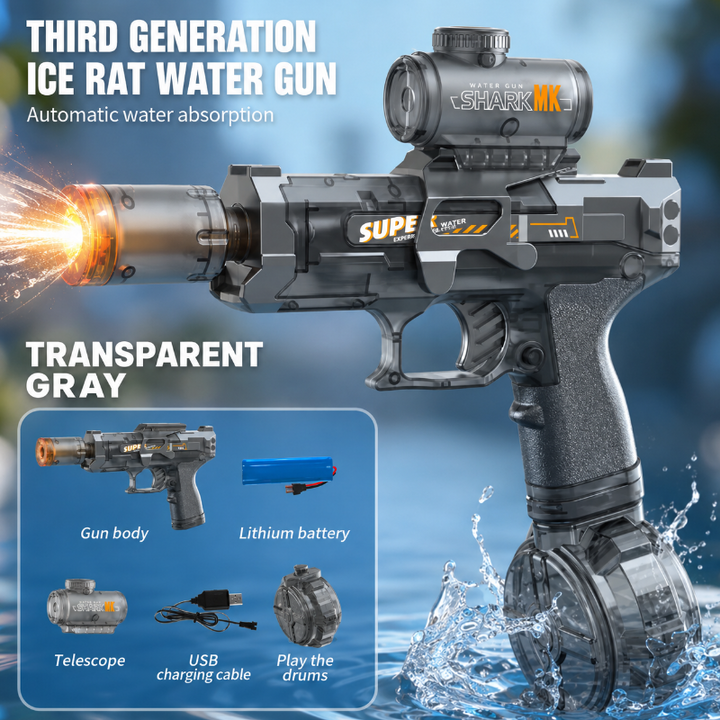Black water blaster with an inset showing the battery, USB cable, scope, and drum-style reservoir