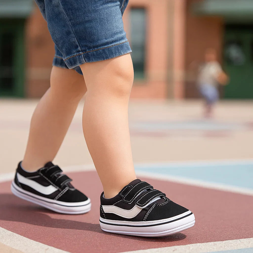Black-and-white baby sneakers worn outdoors with denim shorts