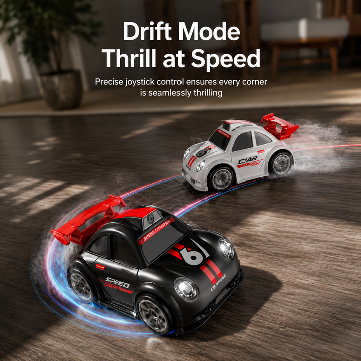 Black and white RC stunt cars shown cornering on a wooden floor