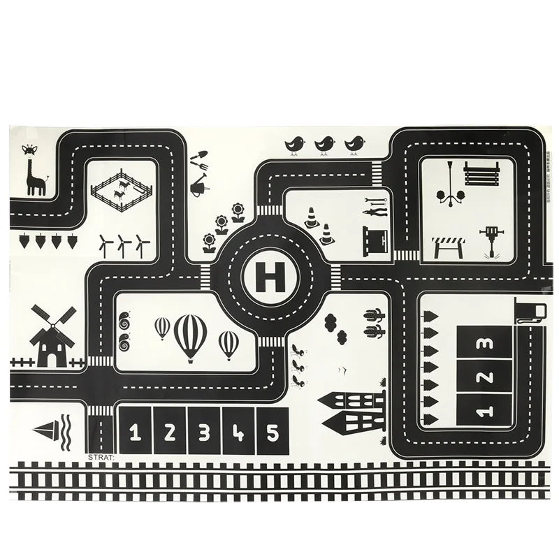 Black-and-white road play mat with numbered parking spaces and illustrated landmarks