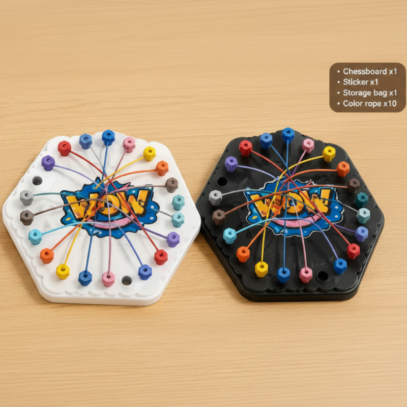 White and black hexagonal rope puzzle boards with colorful elastic ropes.