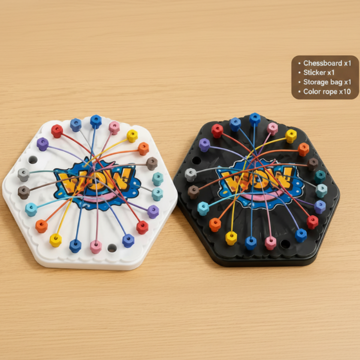 White and black hexagonal rope puzzle boards with colorful elastic ropes.
