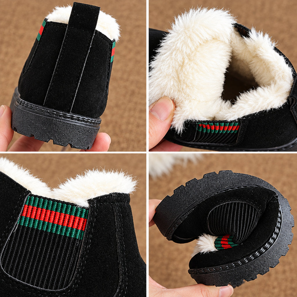 Black boot details showing a heel loop, plush lining, elastic side panel, and bent flexible sole.
