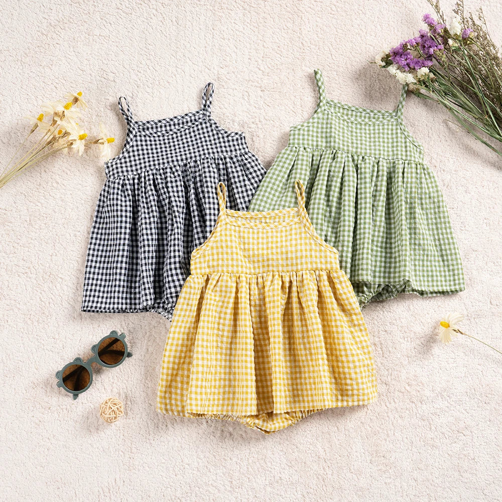 Baby girls' gingham dress rompers in black, yellow and green