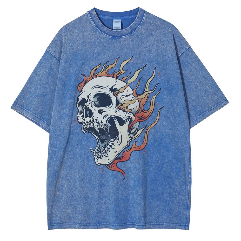 Blazing Skull Cotton T-Shirt (Grey S) - Jacket | Zavonix