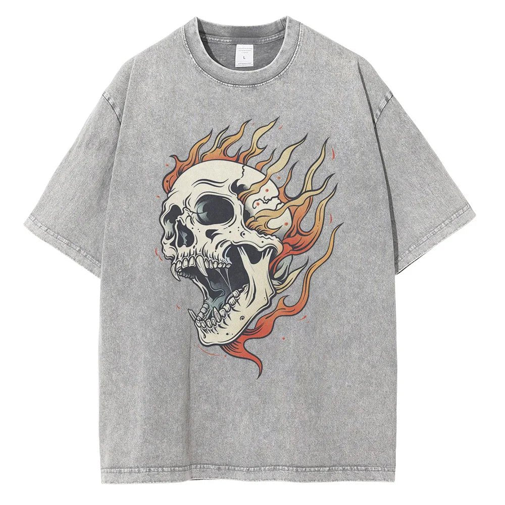Blazing Skull Cotton T-Shirt (Grey S) - Jacket | Zavonix