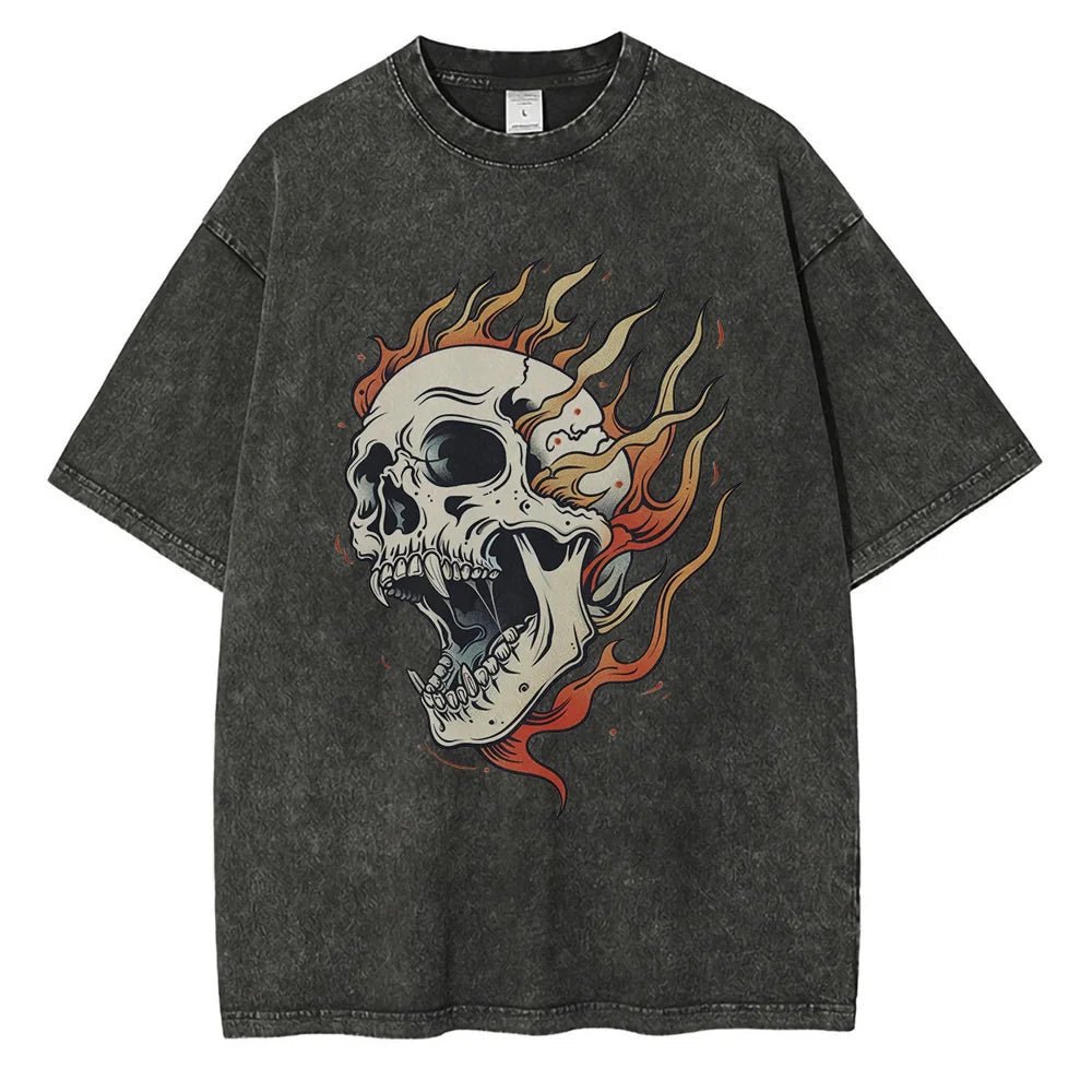 Blazing Skull Cotton T-Shirt (Grey S) - Jacket | Zavonix