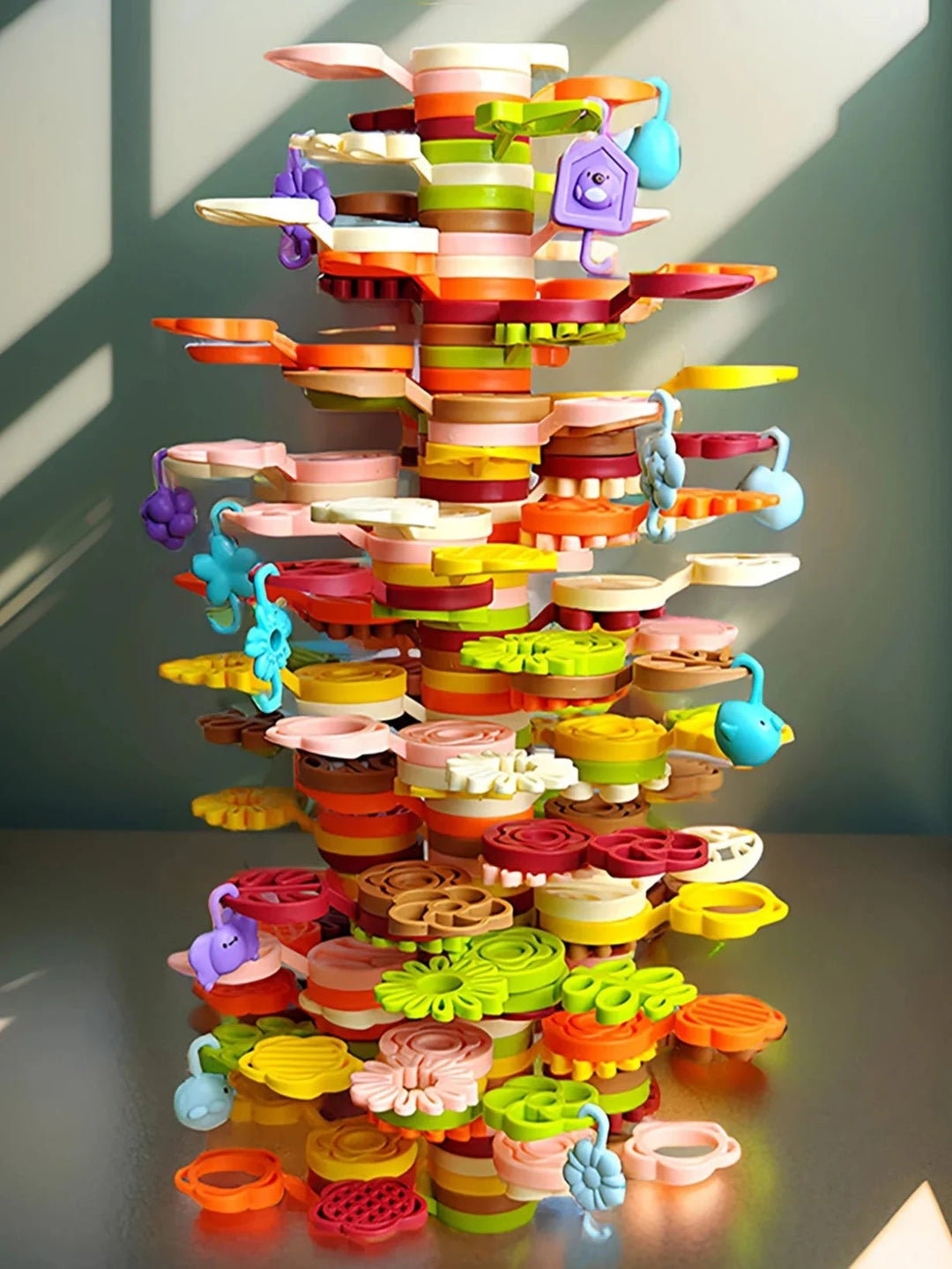 152-piece flower and leaf stacking set assembled into a tall, multicolor tower