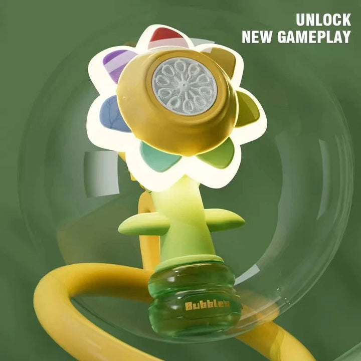 Yellow flower bubble blower tilted to show its flower head, green stem, and bubble reservoir
