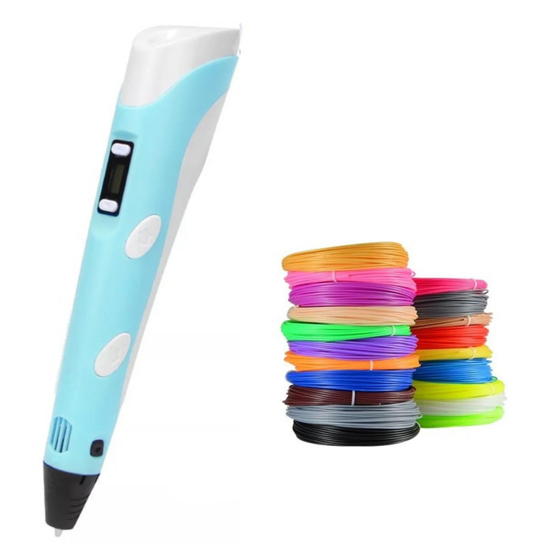 Blue 3D drawing pen beside stacks of multicolored filament