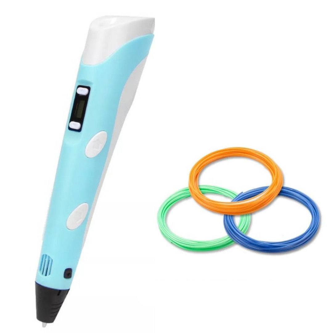 Blue 3D drawing pen with orange, green and blue filament coils