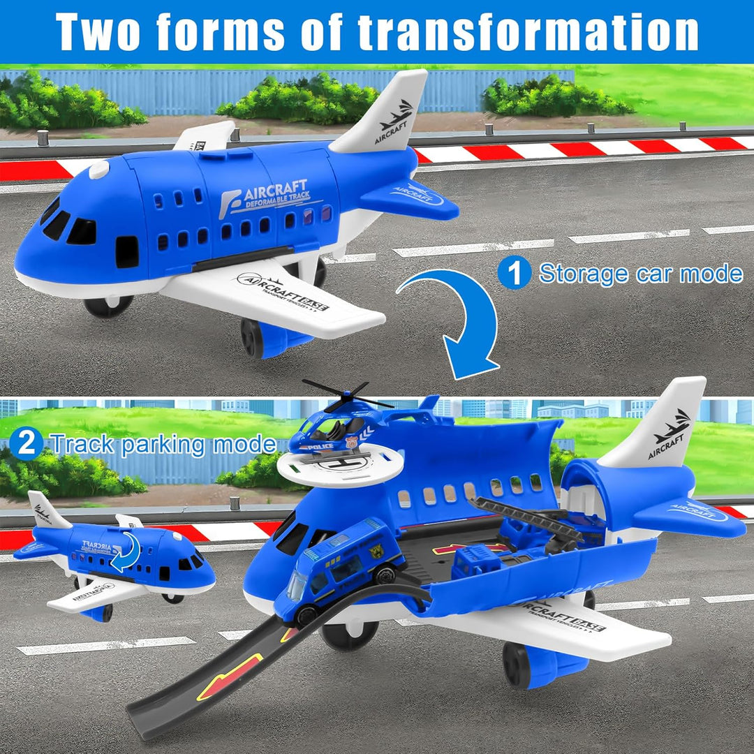Blue airplane play set shown closed for vehicle storage and open as a parking area