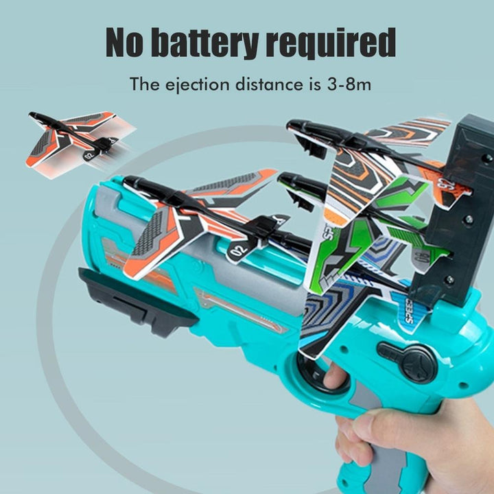 Blue airplane launcher shown sending foam planes into flight