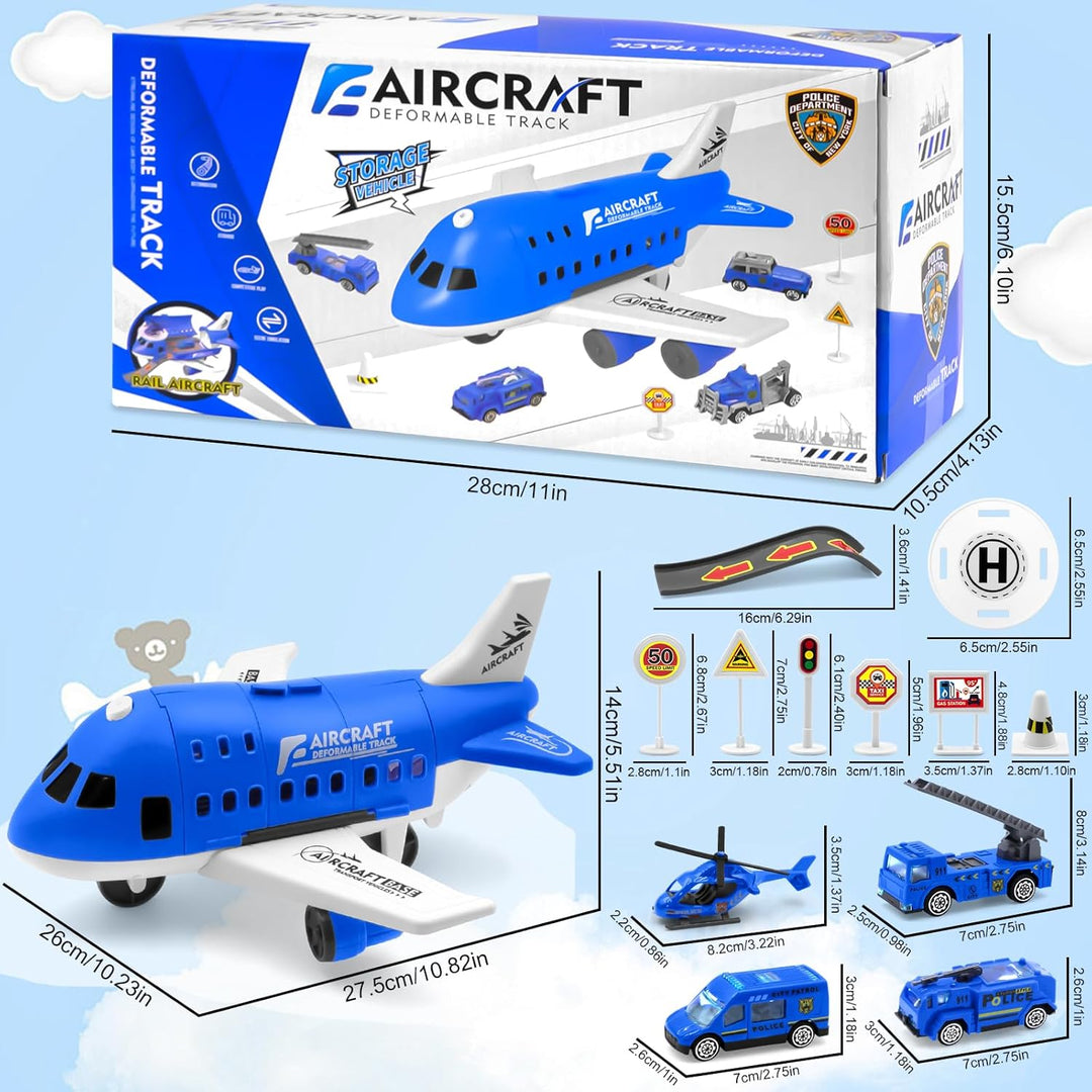 Blue airplane play set packaging with product measurements and an illustrated accessory layout