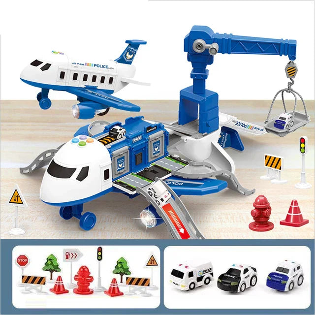 Blue airplane playset shown open with a crane, police-style cars, ramps, and traffic accessories.