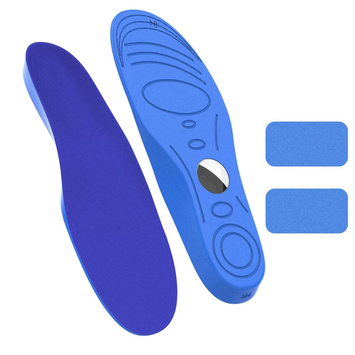 Blue AirTag insole shown from both sides with two blue gel tapes
