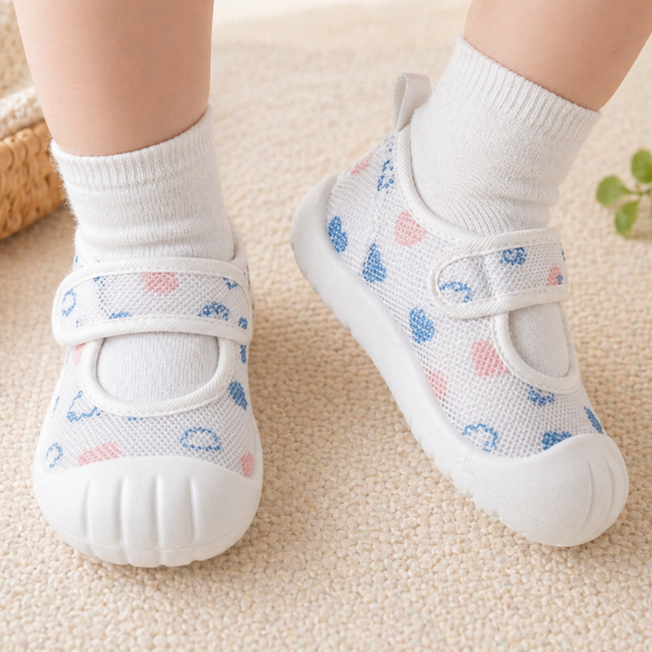 Blue and pink patterned strap shoes with white toe caps worn over white socks.