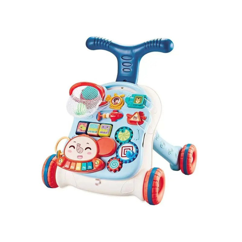 Blue baby push walker with an activity panel, colorful keys, and a mini basketball hoop