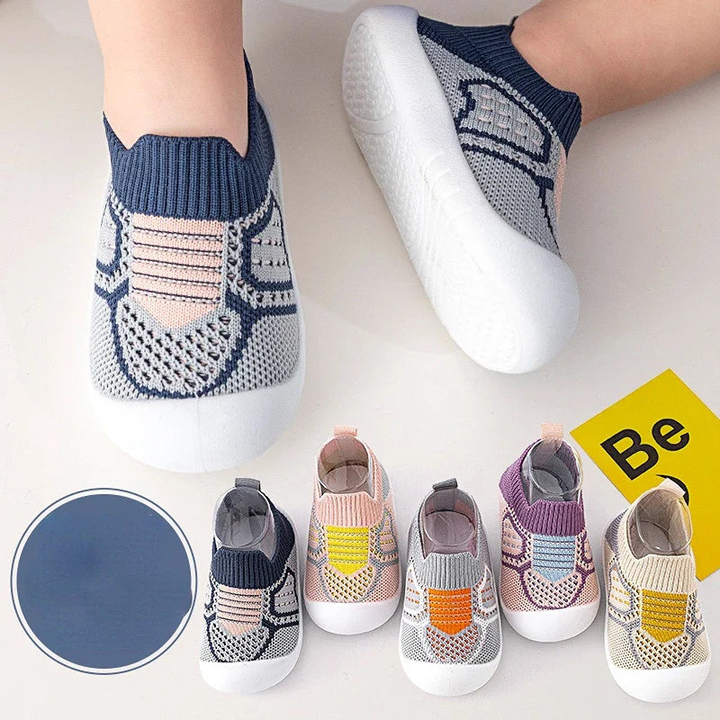 Blue knit shoes worn by a child, with five color options displayed below