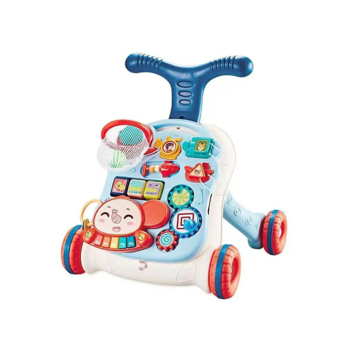 Blue baby walker with a white activity panel, colorful buttons, and mini basketball hoop.