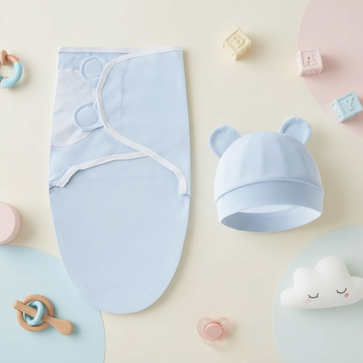 Light blue wrap with overlapping flaps beside its matching rounded-ear hat.