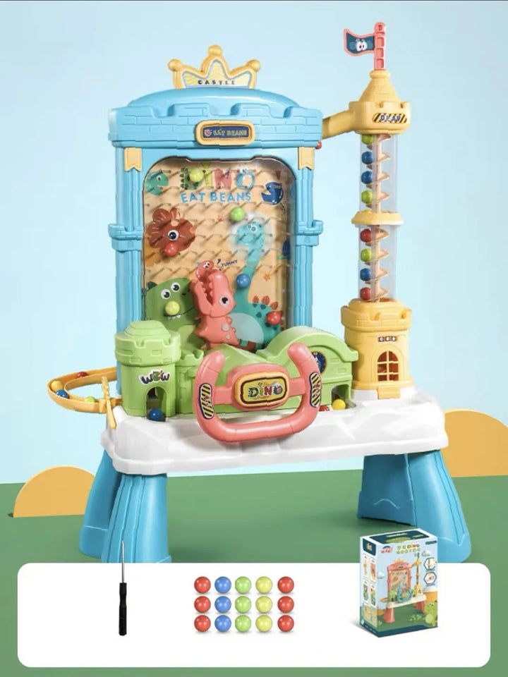 Blue electric ball catcher displayed with colorful balls, a screwdriver and its box.